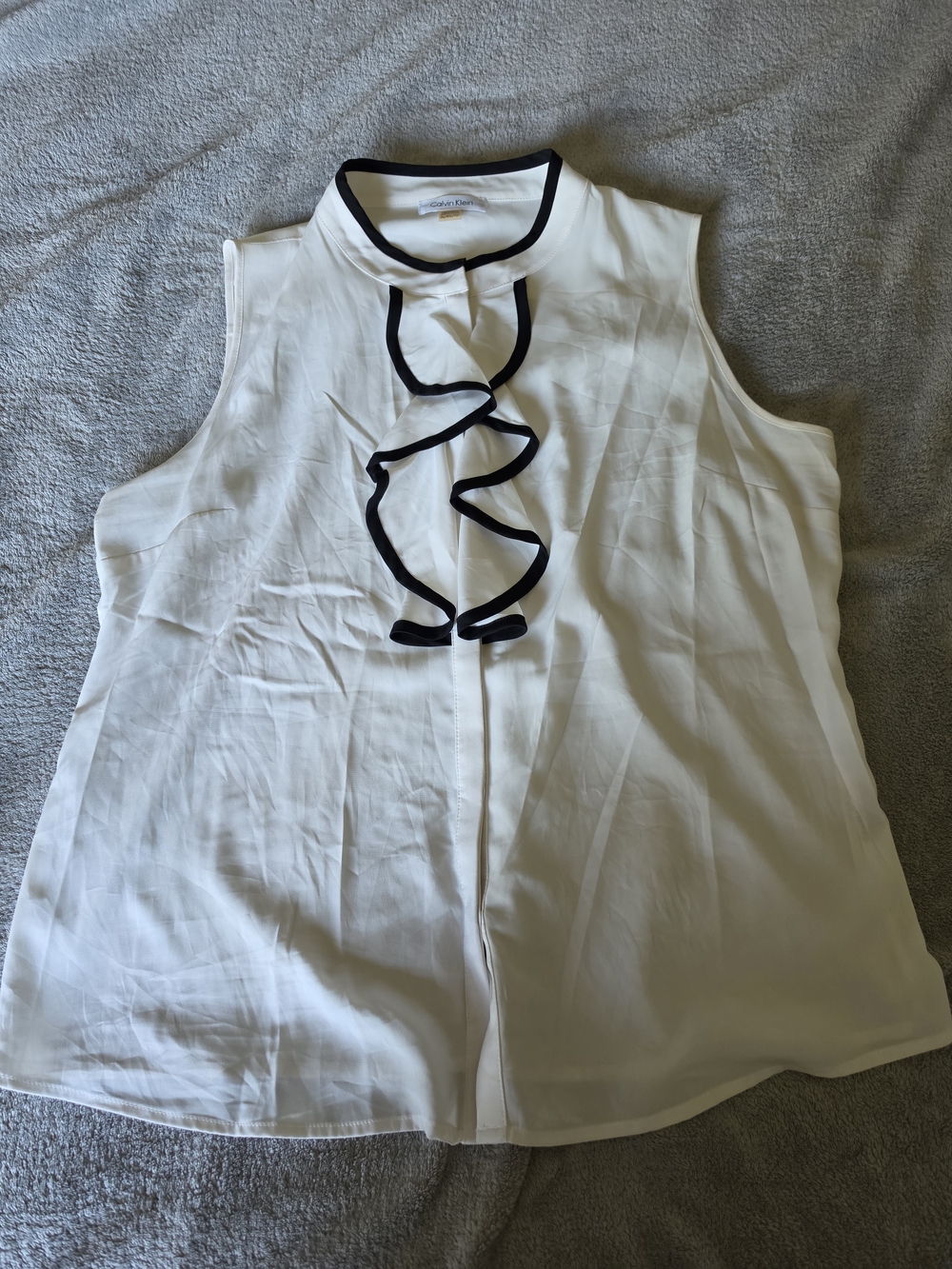 Calvin Klein White Sleeveless Ruffle Front Camisole with Black Trim